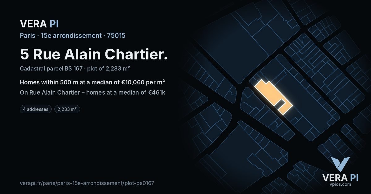 5 Rue Alain Chartier, 15e arrondissement at night – the plot lit, the parcels around coloured by the prices near them