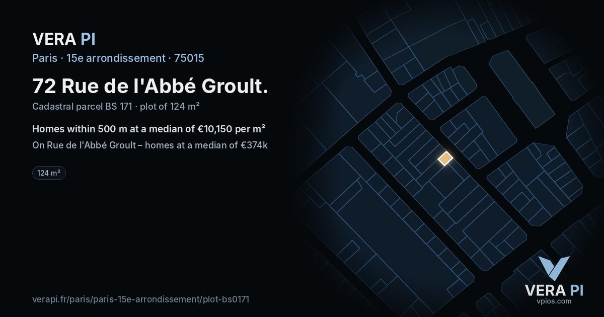 72 Rue de l'Abbé Groult, 15e arrondissement at night – the plot lit, the parcels around coloured by the prices near them