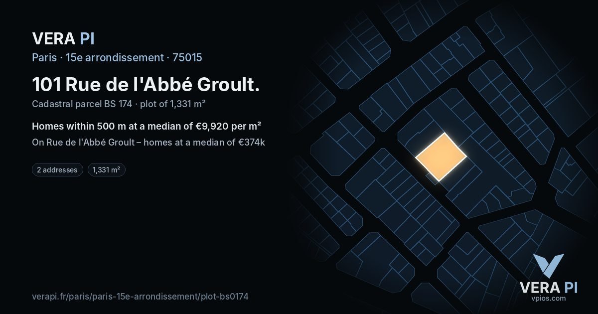 101 Rue de l'Abbé Groult, 15e arrondissement at night – the plot lit, the parcels around coloured by the prices near them