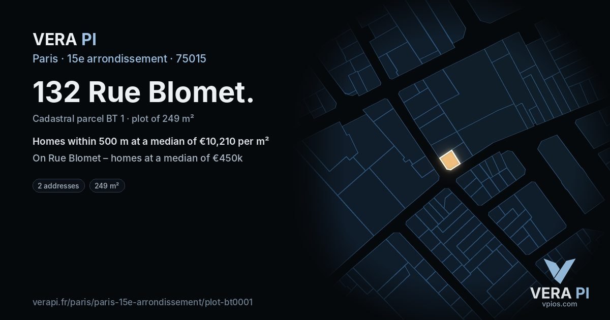 132 Rue Blomet, 15e arrondissement at night – the plot lit, the parcels around coloured by the prices near them