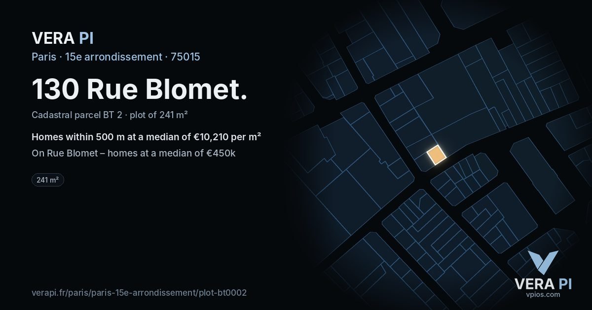 130 Rue Blomet, 15e arrondissement at night – the plot lit, the parcels around coloured by the prices near them