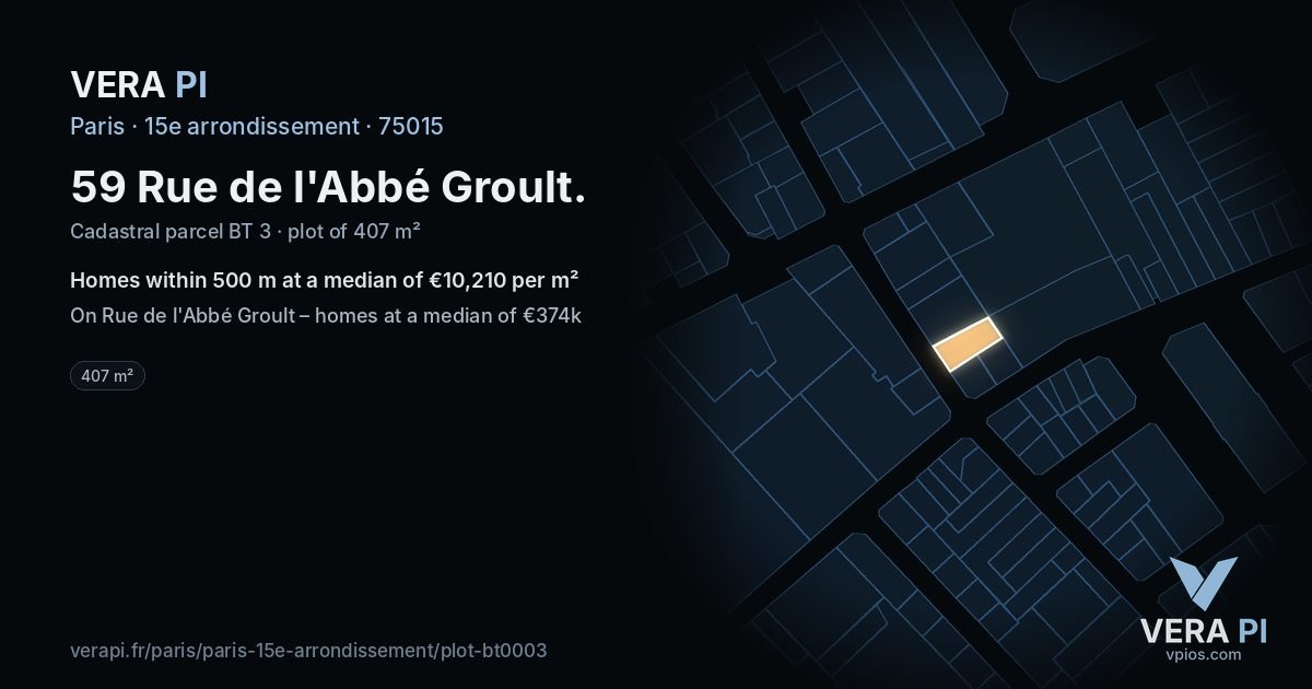 59 Rue de l'Abbé Groult, 15e arrondissement at night – the plot lit, the parcels around coloured by the prices near them