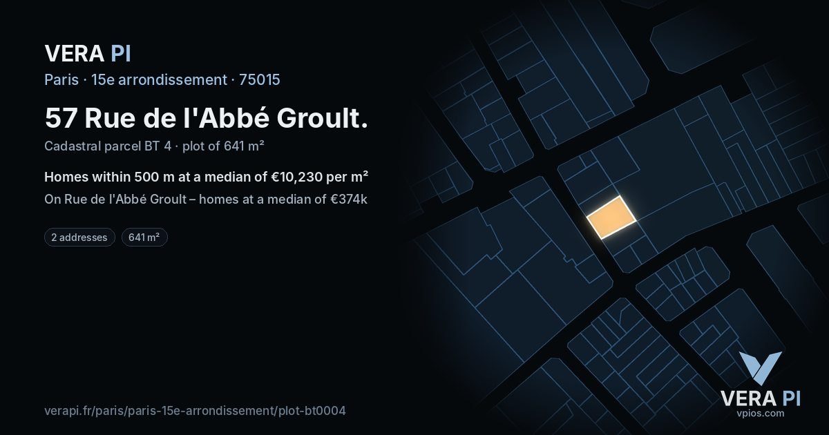 57 Rue de l'Abbé Groult, 15e arrondissement at night – the plot lit, the parcels around coloured by the prices near them
