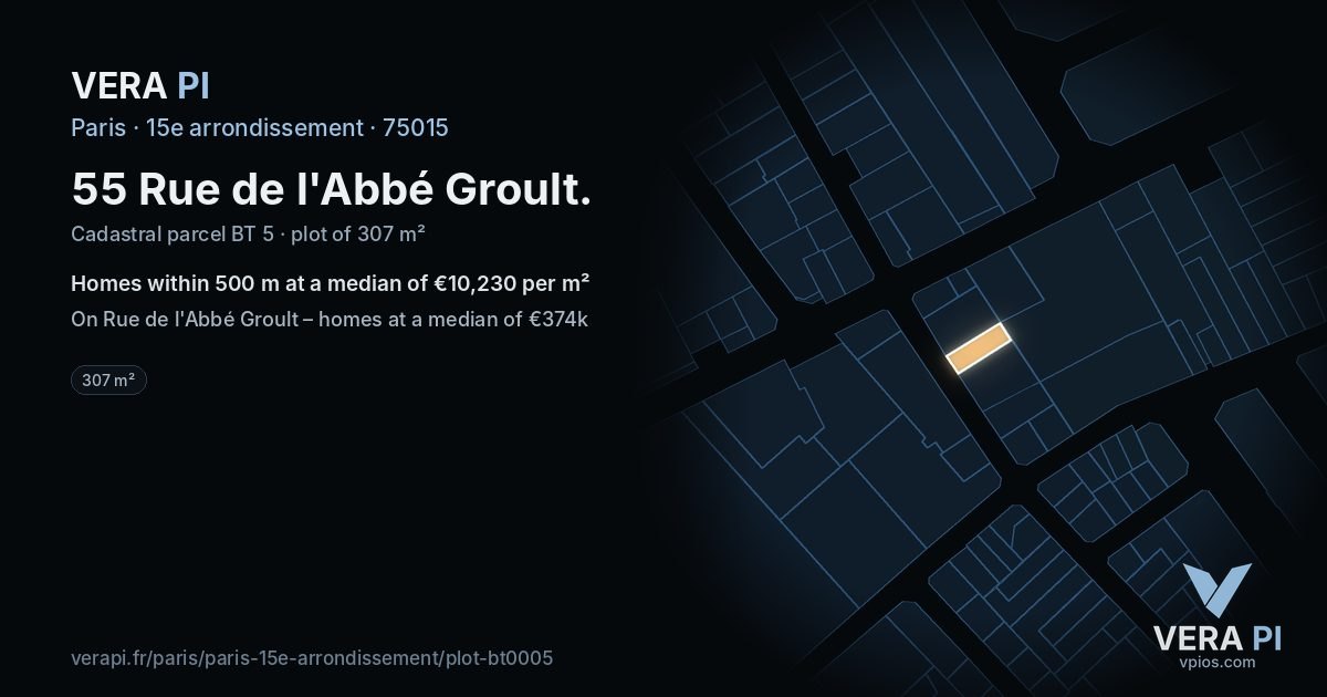 55 Rue de l'Abbé Groult, 15e arrondissement at night – the plot lit, the parcels around coloured by the prices near them