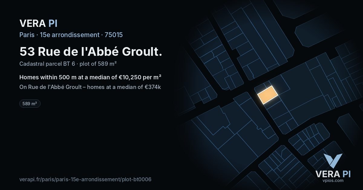 53 Rue de l'Abbé Groult, 15e arrondissement at night – the plot lit, the parcels around coloured by the prices near them