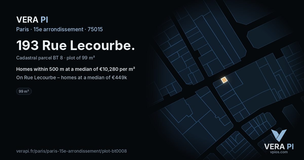 193 Rue Lecourbe, 15e arrondissement at night – the plot lit, the parcels around coloured by the prices near them