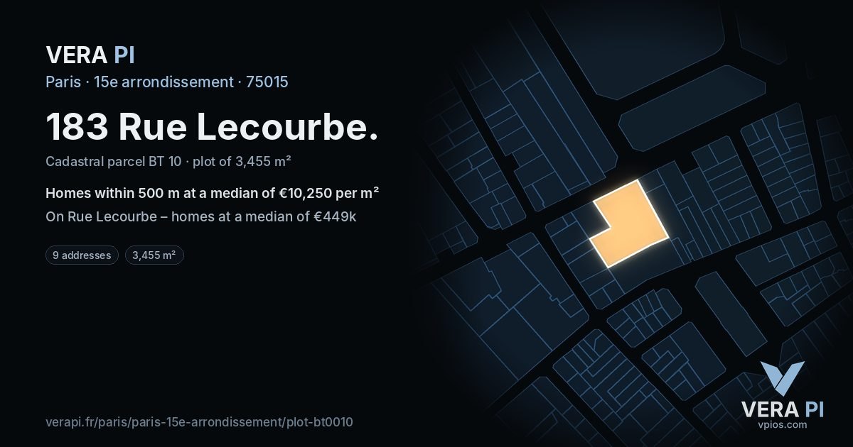 183 Rue Lecourbe, 15e arrondissement at night – the plot lit, the parcels around coloured by the prices near them