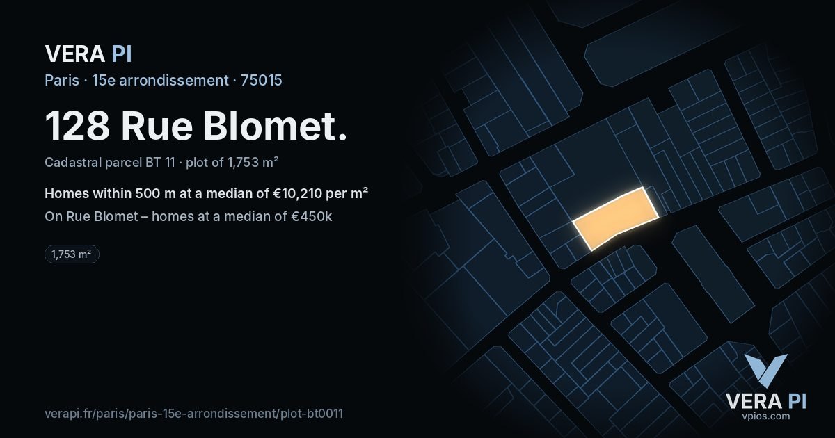 128 Rue Blomet, 15e arrondissement at night – the plot lit, the parcels around coloured by the prices near them