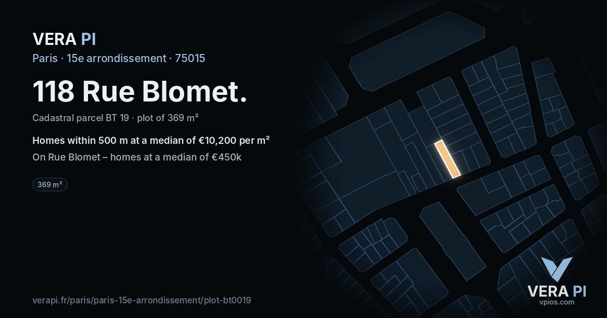 118 Rue Blomet, 15e arrondissement at night – the plot lit, the parcels around coloured by the prices near them