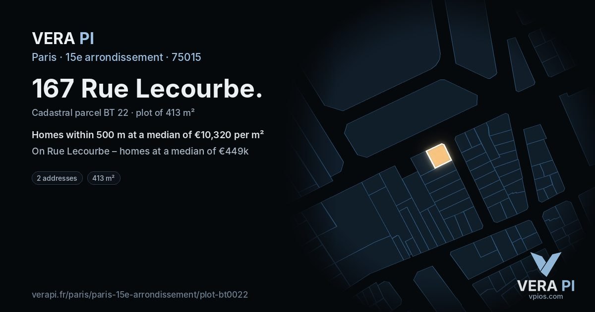 167 Rue Lecourbe, 15e arrondissement at night – the plot lit, the parcels around coloured by the prices near them