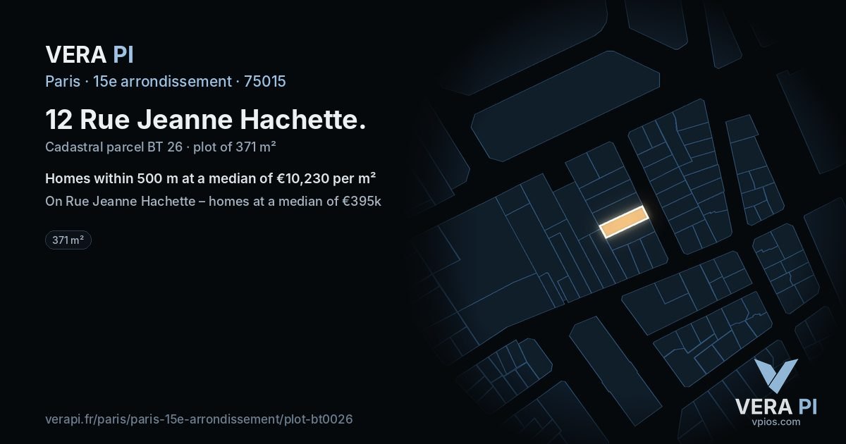 12 Rue Jeanne Hachette, 15e arrondissement at night – the plot lit, the parcels around coloured by the prices near them