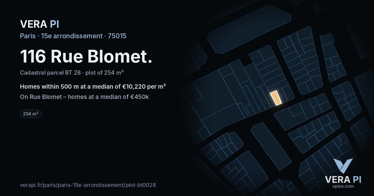 116 Rue Blomet, 15e arrondissement at night – the plot lit, the parcels around coloured by the prices near them