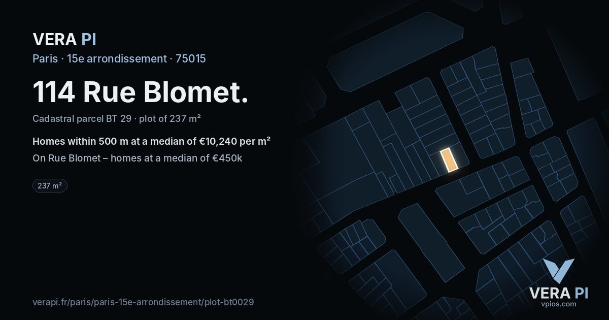 114 Rue Blomet, 15e arrondissement at night – the plot lit, the parcels around coloured by the prices near them