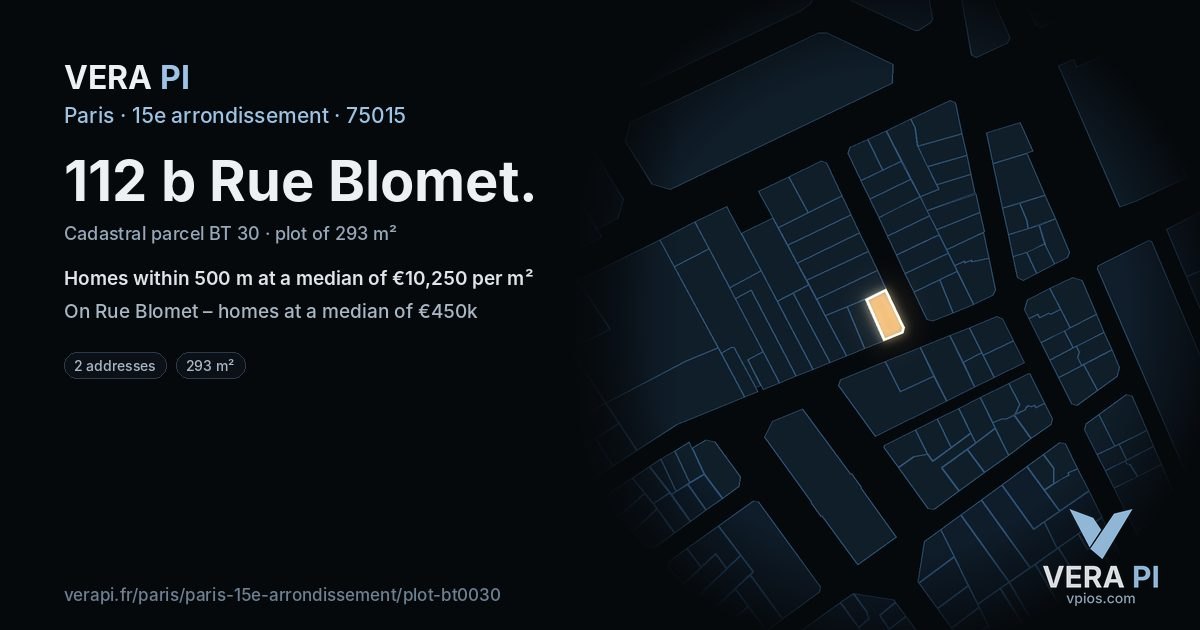 112 b Rue Blomet, 15e arrondissement at night – the plot lit, the parcels around coloured by the prices near them