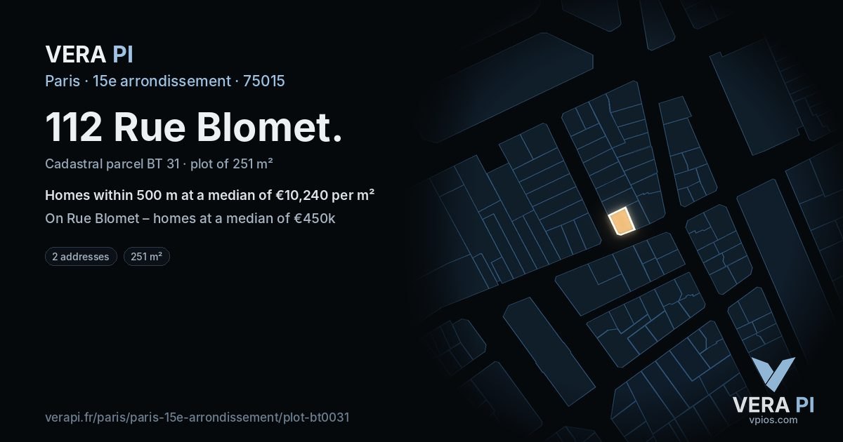 112 Rue Blomet, 15e arrondissement at night – the plot lit, the parcels around coloured by the prices near them