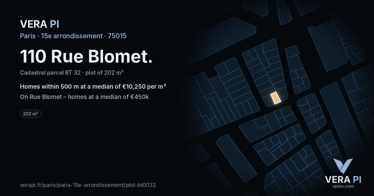 110 Rue Blomet, 15e arrondissement at night – the plot lit, the parcels around coloured by the prices near them
