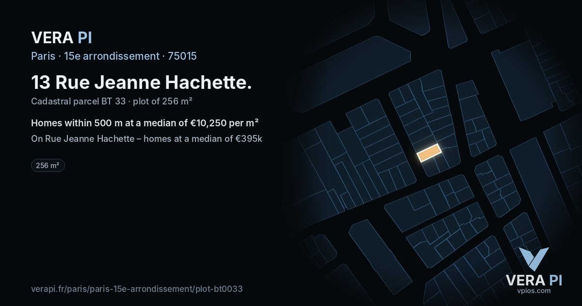 13 Rue Jeanne Hachette, 15e arrondissement at night – the plot lit, the parcels around coloured by the prices near them