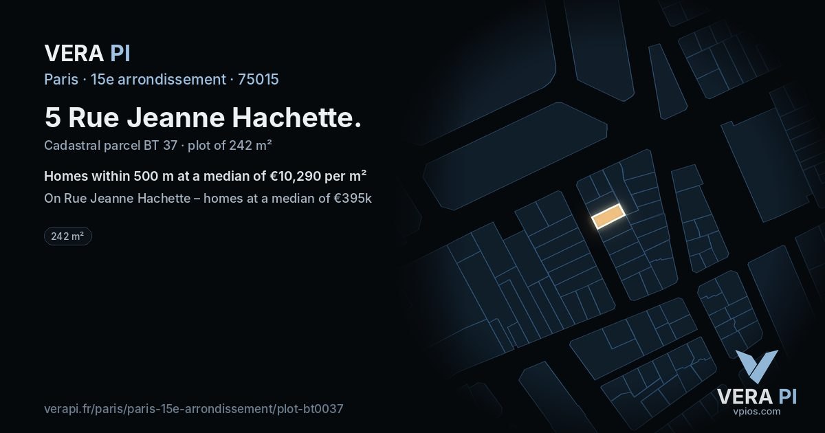 5 Rue Jeanne Hachette, 15e arrondissement at night – the plot lit, the parcels around coloured by the prices near them