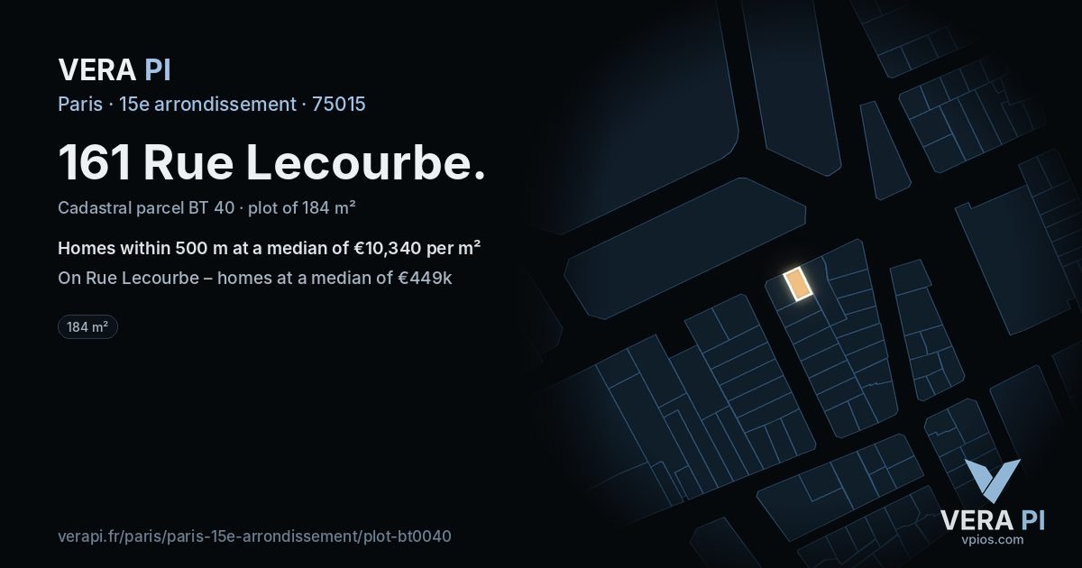 161 Rue Lecourbe, 15e arrondissement at night – the plot lit, the parcels around coloured by the prices near them