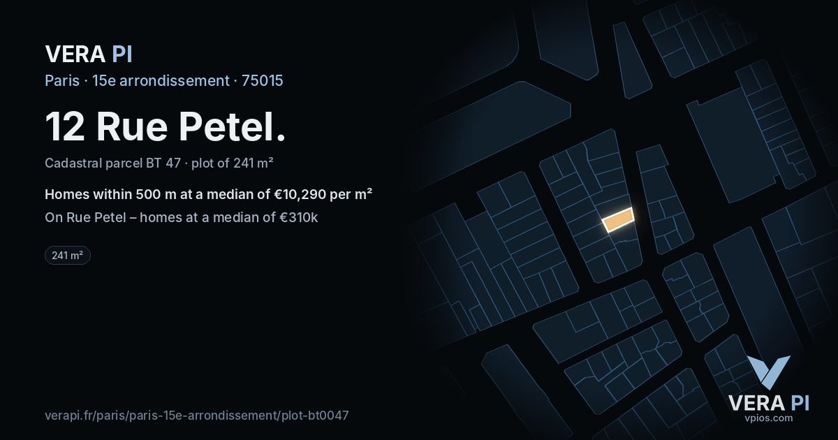 12 Rue Petel, 15e arrondissement at night – the plot lit, the parcels around coloured by the prices near them