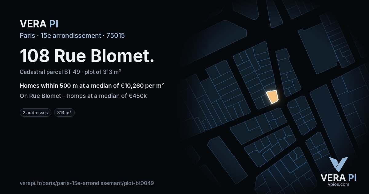 108 Rue Blomet, 15e arrondissement at night – the plot lit, the parcels around coloured by the prices near them