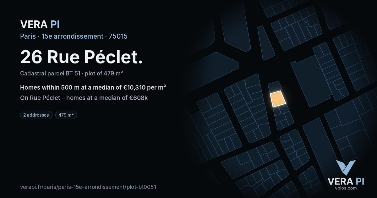 26 Rue Péclet, 15e arrondissement at night – the plot lit, the parcels around coloured by the prices near them