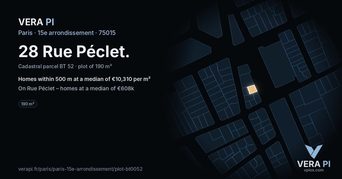 28 Rue Péclet, 15e arrondissement at night – the plot lit, the parcels around coloured by the prices near them