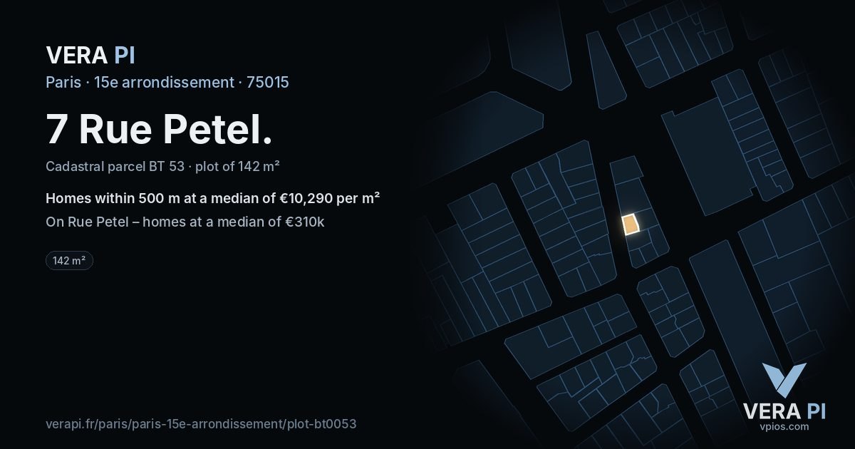 7 Rue Petel, 15e arrondissement at night – the plot lit, the parcels around coloured by the prices near them