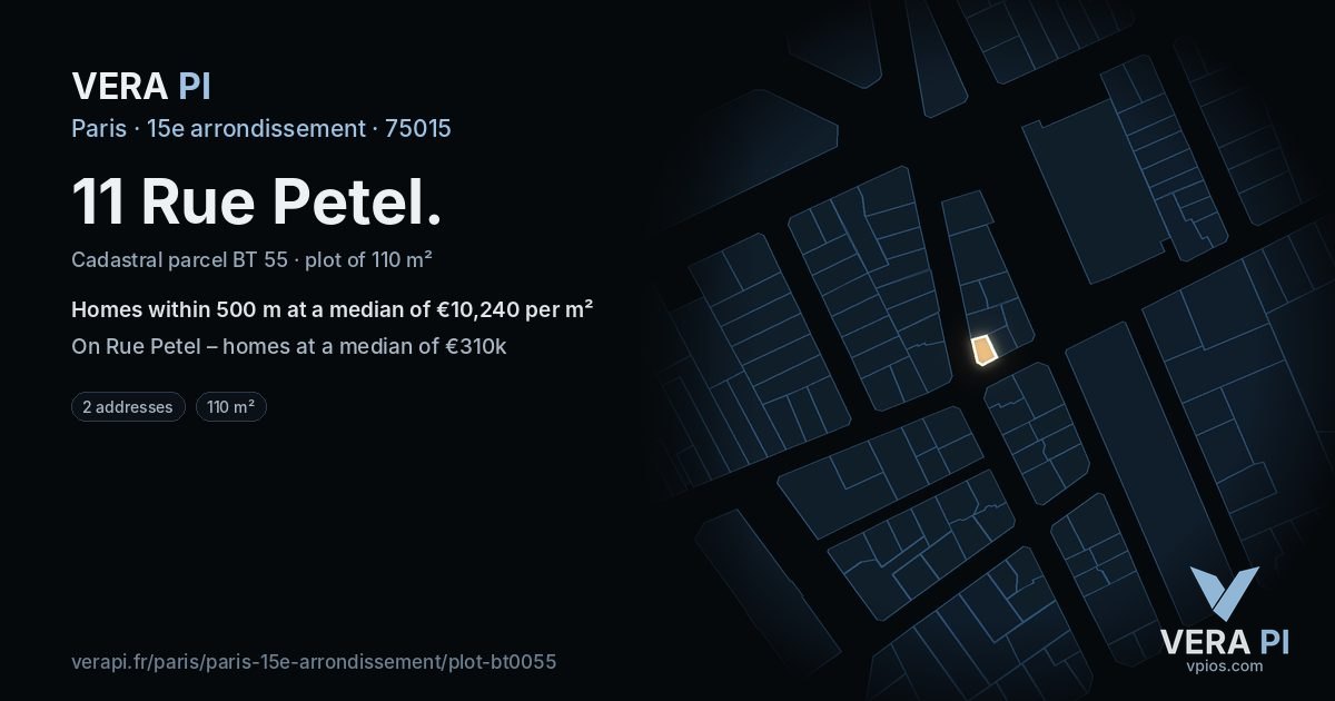 11 Rue Petel, 15e arrondissement at night – the plot lit, the parcels around coloured by the prices near them