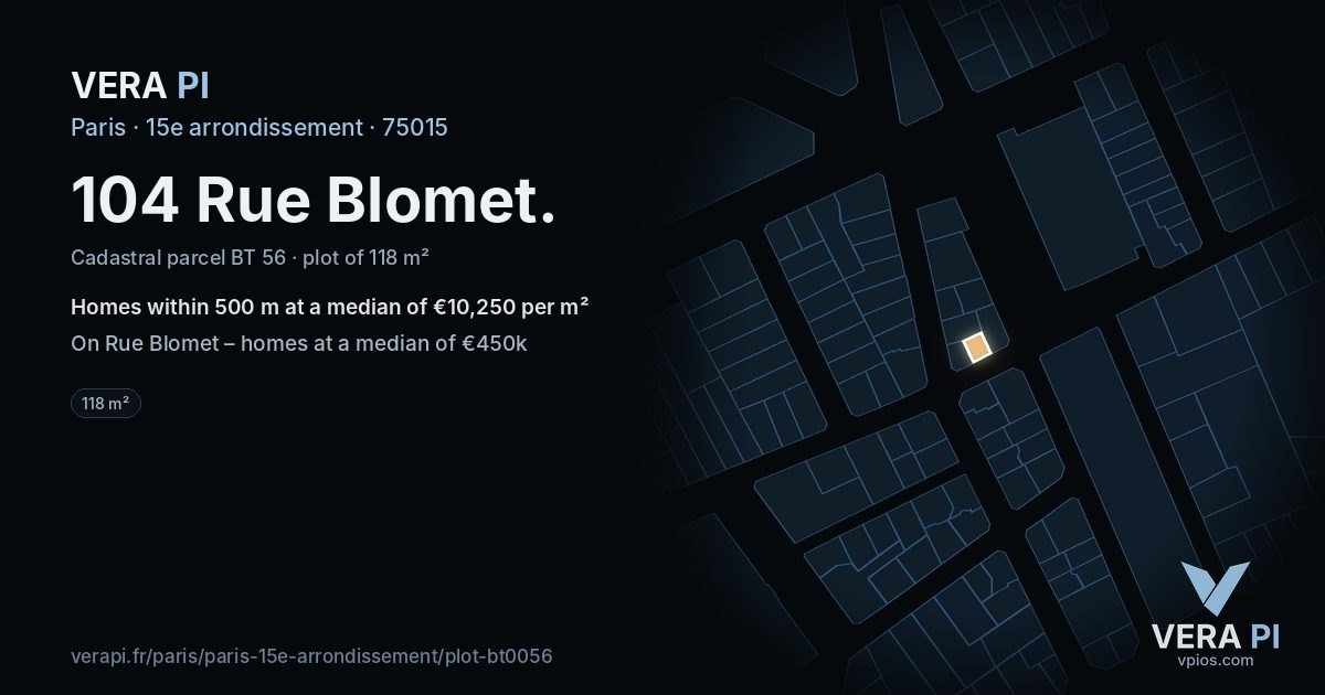 104 Rue Blomet, 15e arrondissement at night – the plot lit, the parcels around coloured by the prices near them
