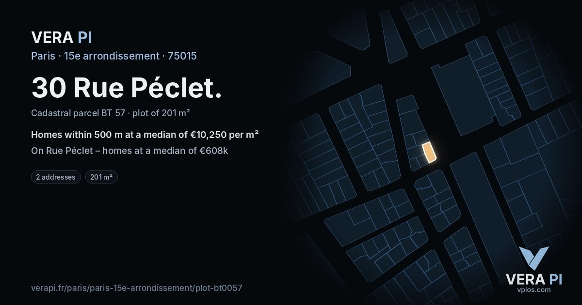 30 Rue Péclet, 15e arrondissement at night – the plot lit, the parcels around coloured by the prices near them
