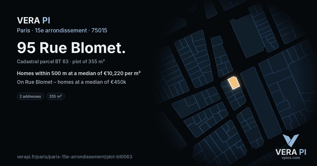 95 Rue Blomet, 15e arrondissement at night – the plot lit, the parcels around coloured by the prices near them