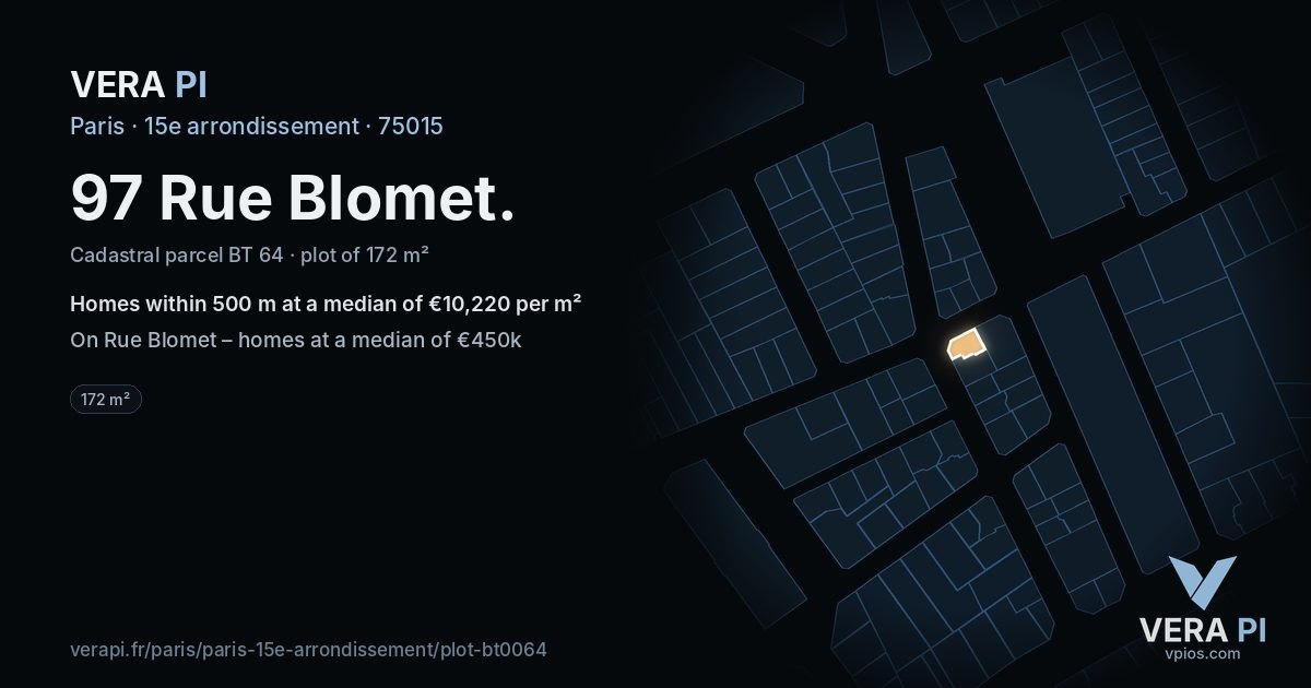97 Rue Blomet, 15e arrondissement at night – the plot lit, the parcels around coloured by the prices near them