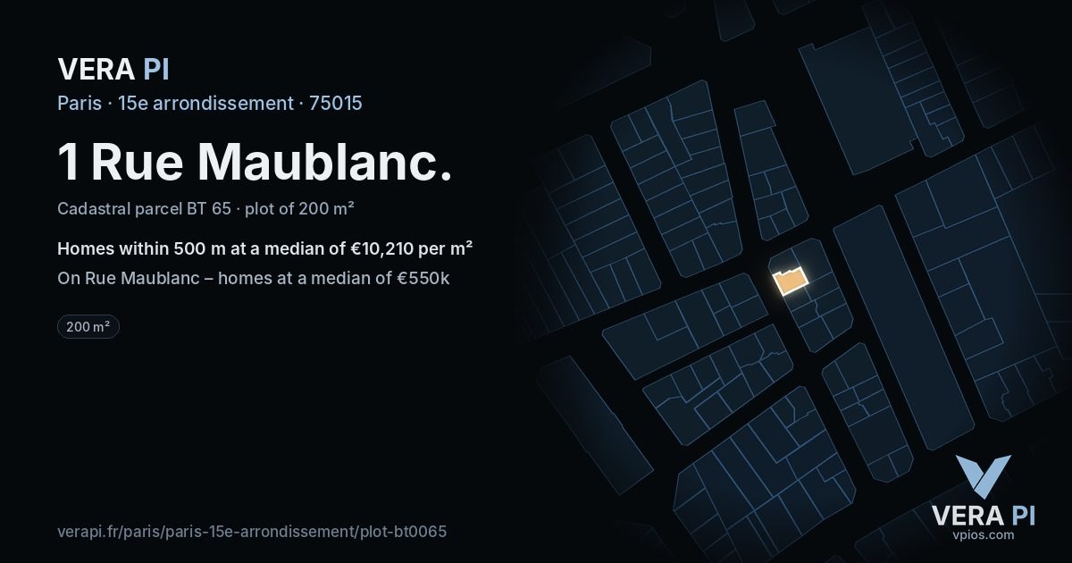 1 Rue Maublanc, 15e arrondissement at night – the plot lit, the parcels around coloured by the prices near them
