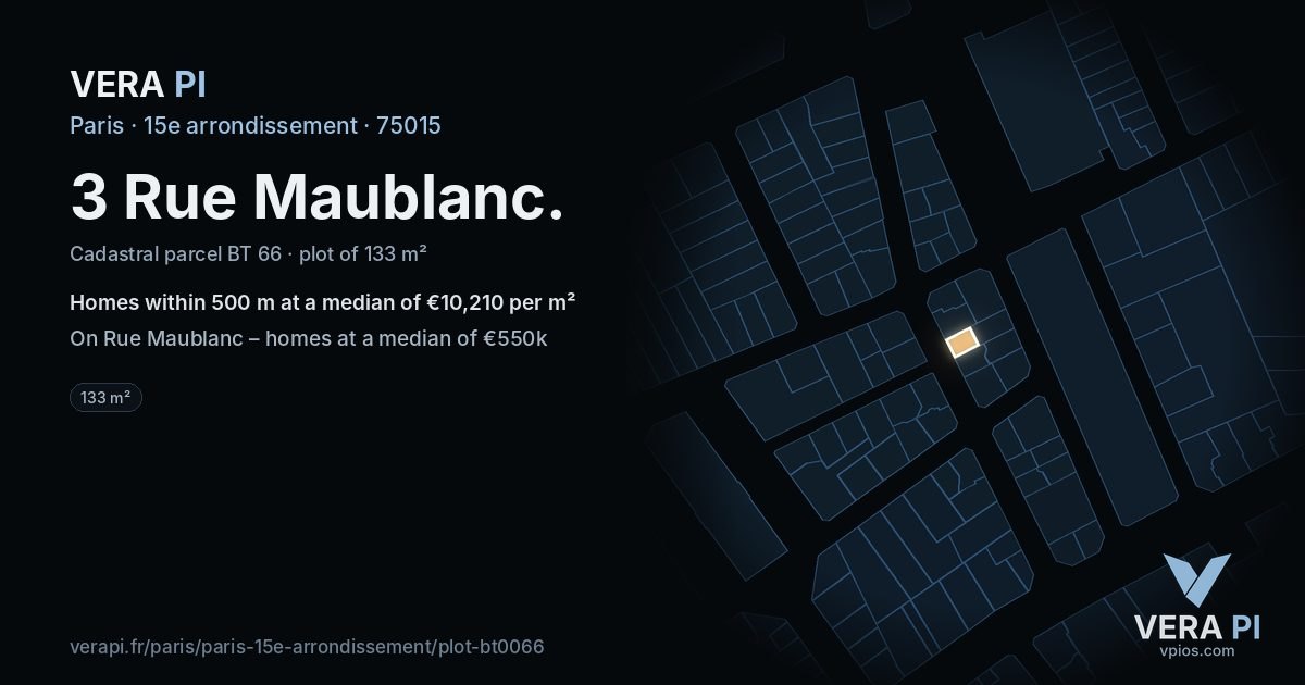 3 Rue Maublanc, 15e arrondissement at night – the plot lit, the parcels around coloured by the prices near them