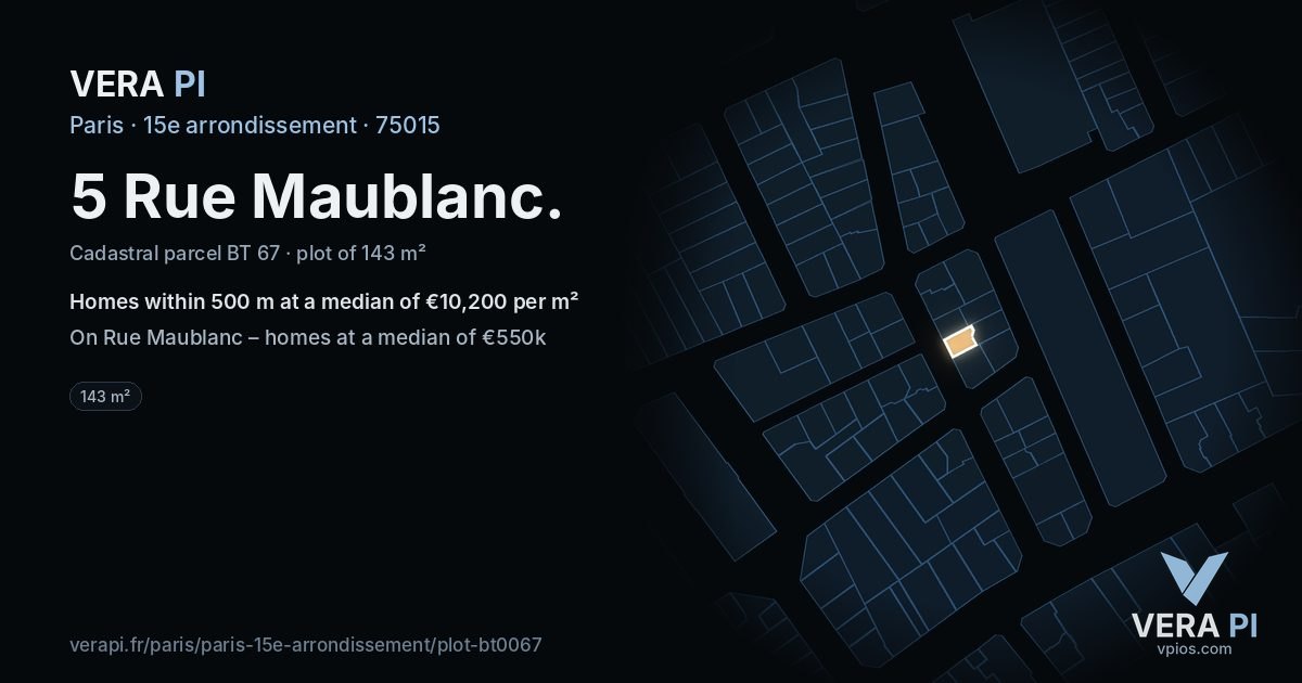 5 Rue Maublanc, 15e arrondissement at night – the plot lit, the parcels around coloured by the prices near them