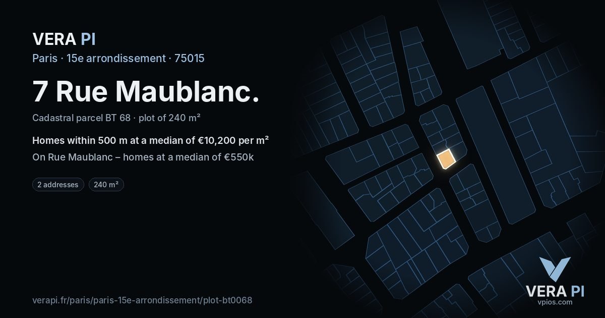 7 Rue Maublanc, 15e arrondissement at night – the plot lit, the parcels around coloured by the prices near them