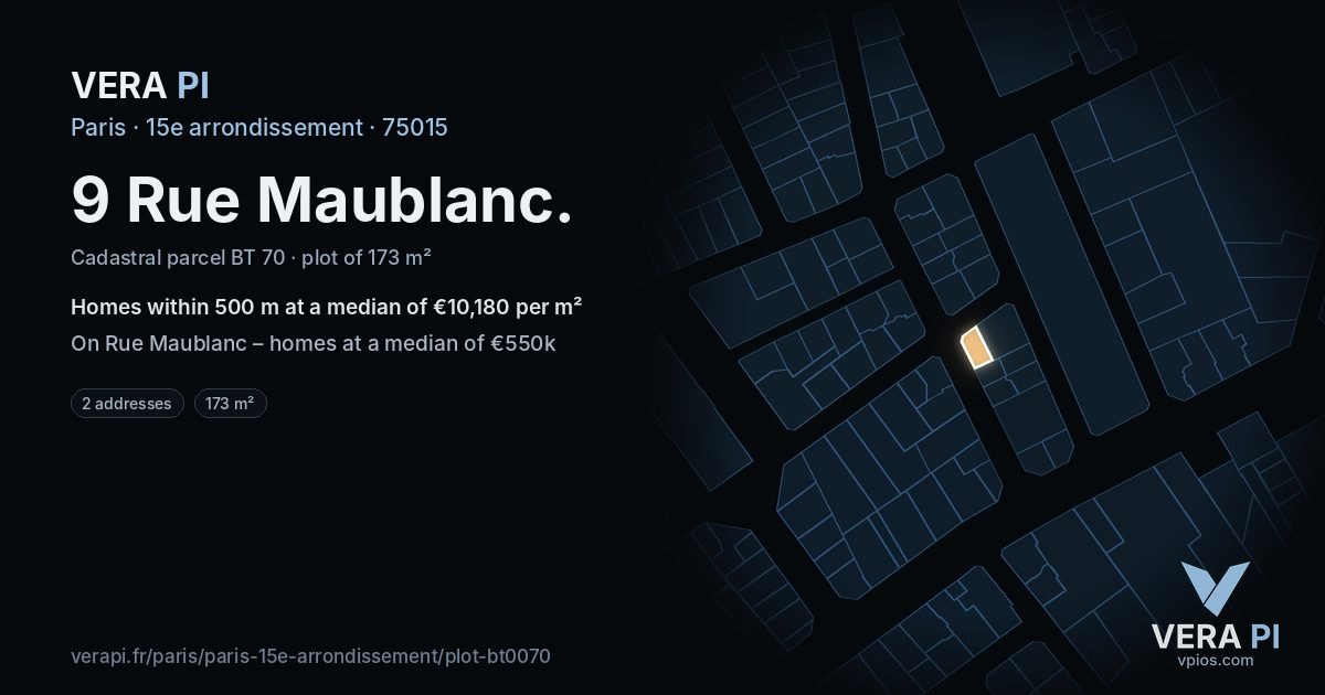 9 Rue Maublanc, 15e arrondissement at night – the plot lit, the parcels around coloured by the prices near them