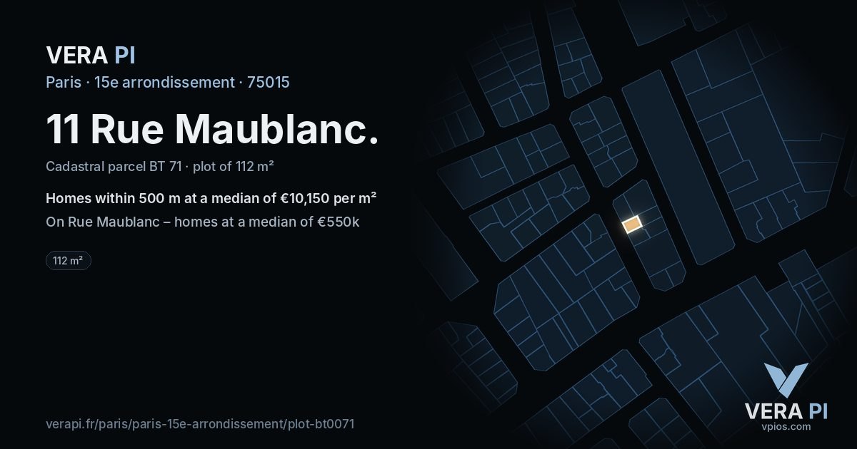 11 Rue Maublanc, 15e arrondissement at night – the plot lit, the parcels around coloured by the prices near them
