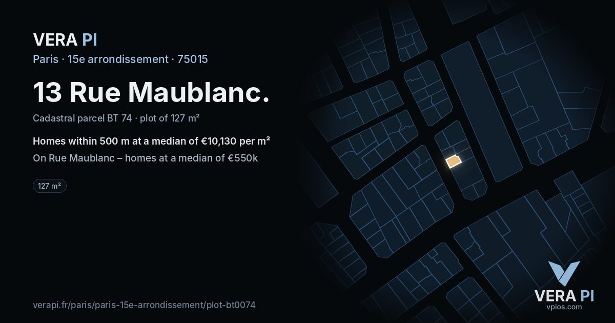 13 Rue Maublanc, 15e arrondissement at night – the plot lit, the parcels around coloured by the prices near them