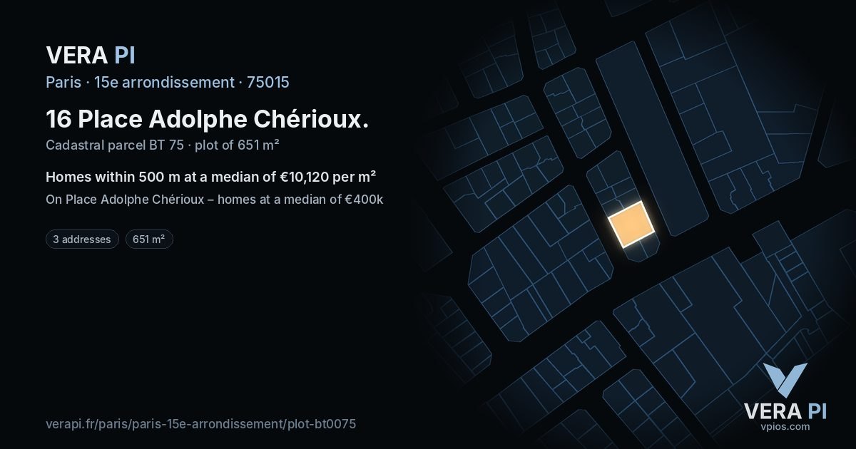 16 Place Adolphe Chérioux, 15e arrondissement at night – the plot lit, the parcels around coloured by the prices near them