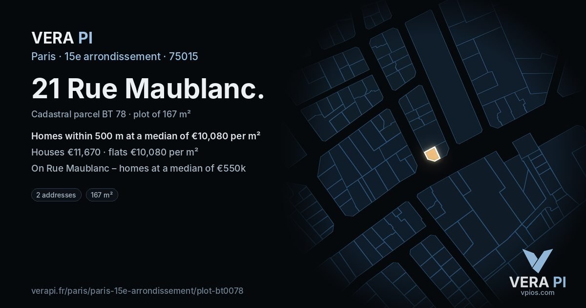 21 Rue Maublanc, 15e arrondissement at night – the plot lit, the parcels around coloured by the prices near them