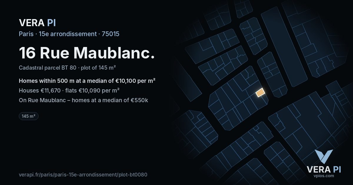 16 Rue Maublanc, 15e arrondissement at night – the plot lit, the parcels around coloured by the prices near them