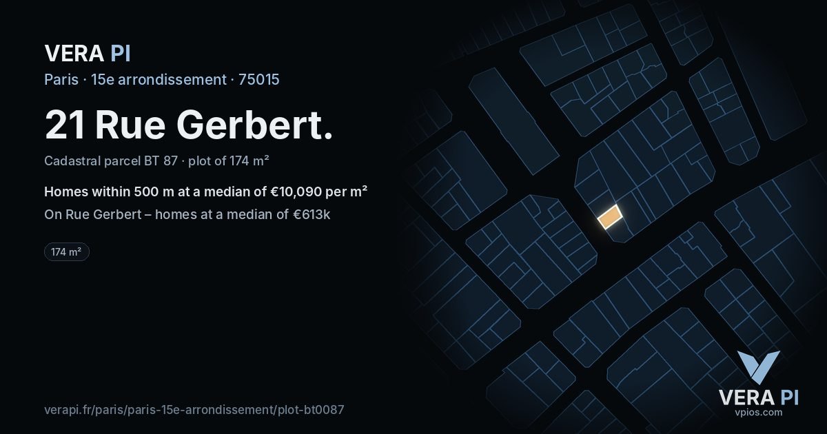 21 Rue Gerbert, 15e arrondissement at night – the plot lit, the parcels around coloured by the prices near them