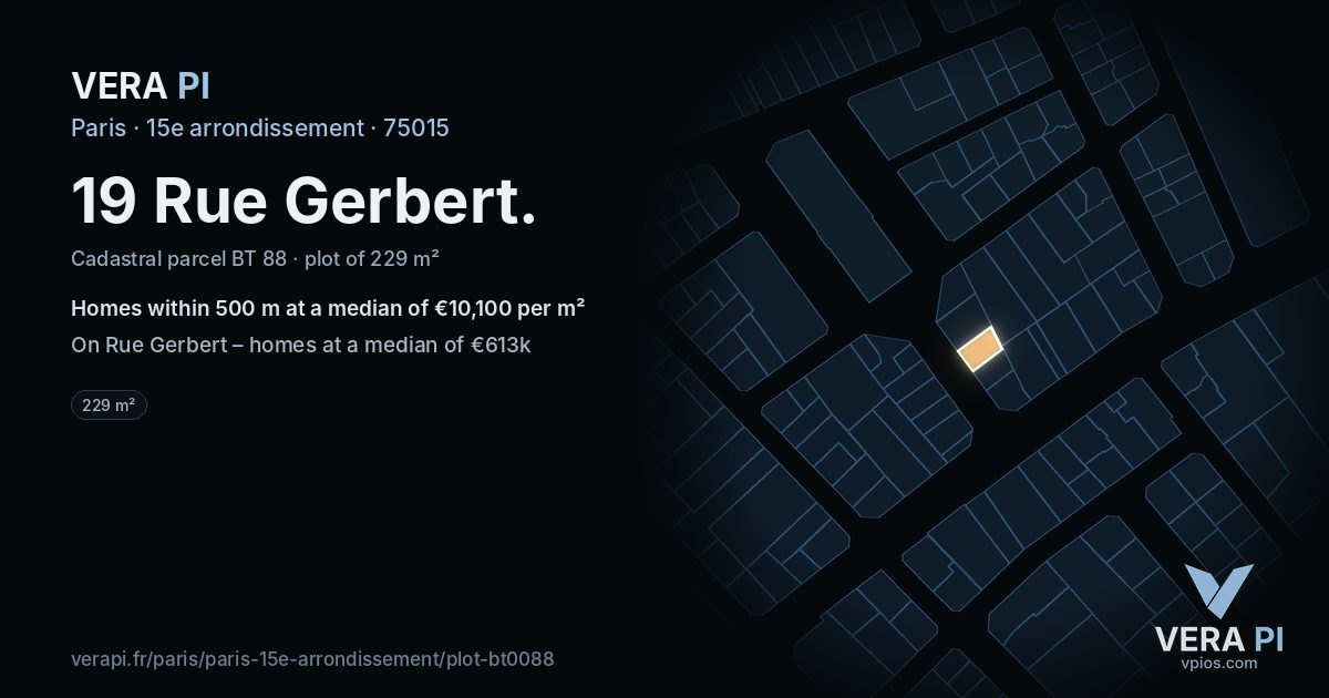 19 Rue Gerbert, 15e arrondissement at night – the plot lit, the parcels around coloured by the prices near them