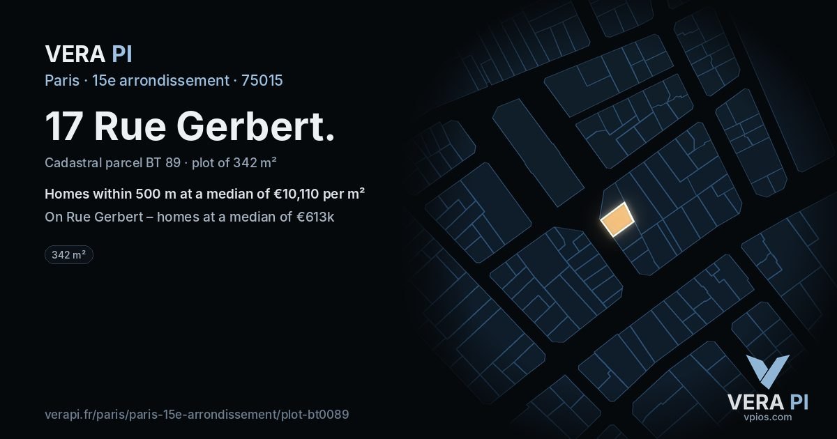 17 Rue Gerbert, 15e arrondissement at night – the plot lit, the parcels around coloured by the prices near them