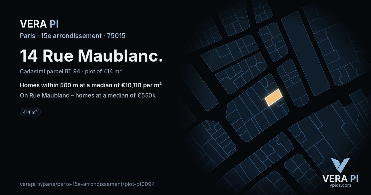 14 Rue Maublanc, 15e arrondissement at night – the plot lit, the parcels around coloured by the prices near them