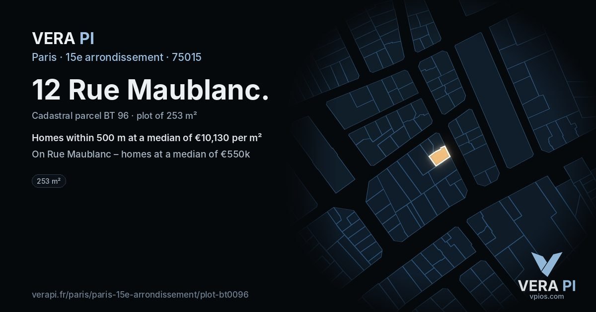 12 Rue Maublanc, 15e arrondissement at night – the plot lit, the parcels around coloured by the prices near them