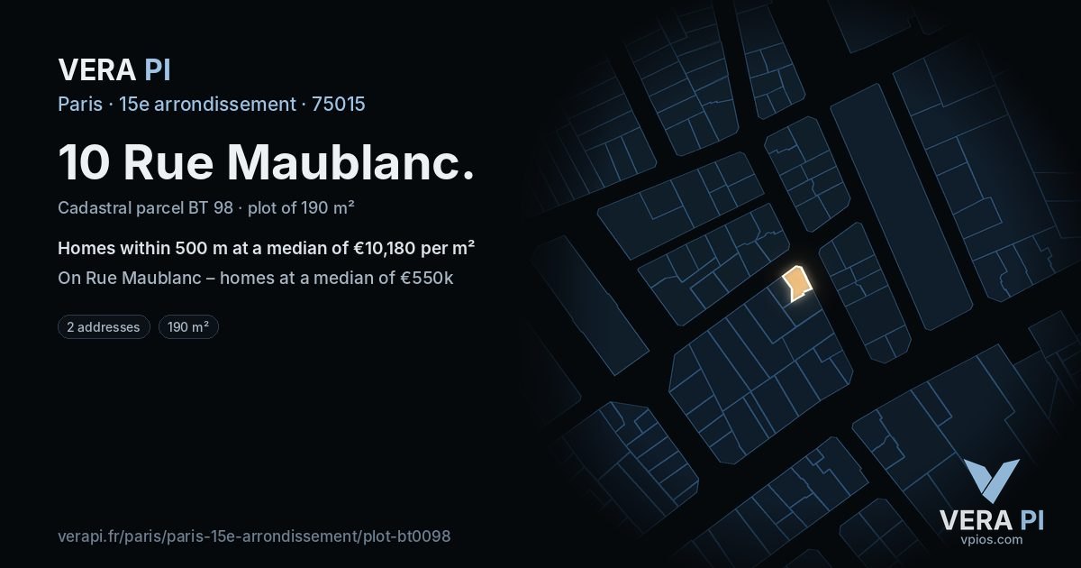 10 Rue Maublanc, 15e arrondissement at night – the plot lit, the parcels around coloured by the prices near them