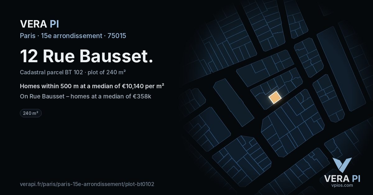 12 Rue Bausset, 15e arrondissement at night – the plot lit, the parcels around coloured by the prices near them
